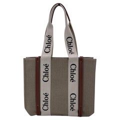 Chloe Beige Linen Canvas and Leather Logo Woody Tote Bag