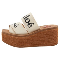 Chloe Beige Logo Print Canvas Woody Wedge Slide Sandals Taglia 35