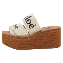 Chloe Beige Logo Print Canvas Woody Wedge Slide Sandals Size 35