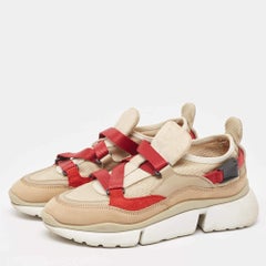 Chloe Beige/Maroon Mesh and Suede Sonnie Sneakers Size 37