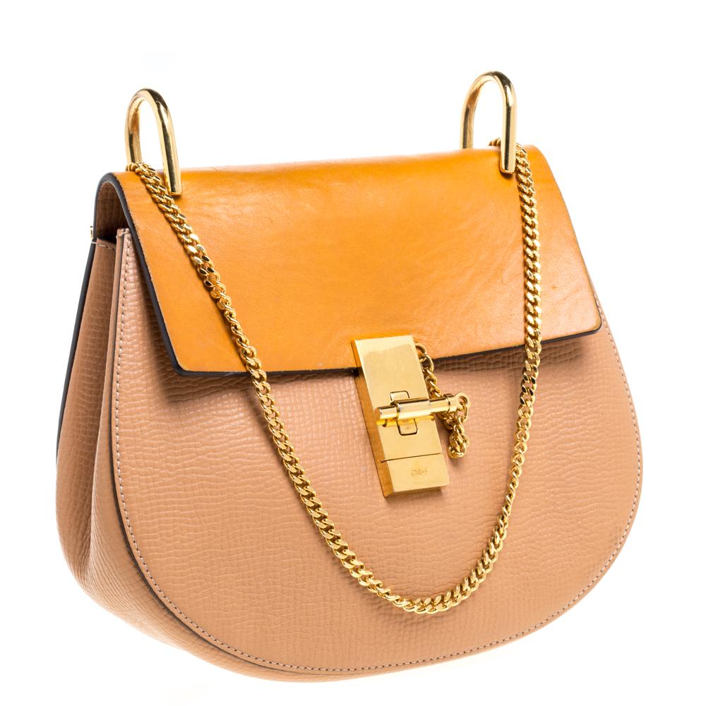 Brown Chloe Beige/Mustard Leather Medium Drew Shoulder Bag