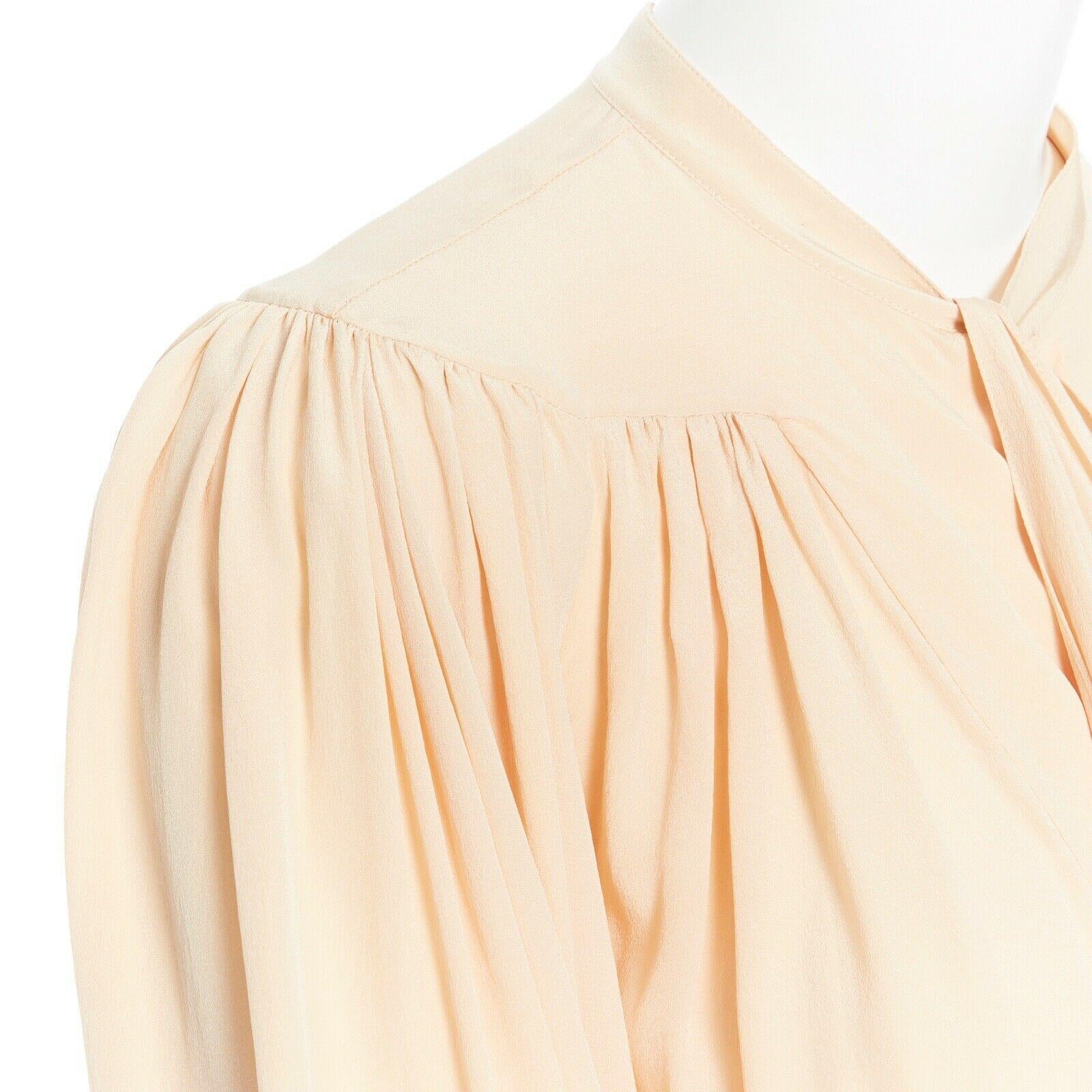 Women's CHLOE beige nude crepe de chine silk blouse pleat smock tie-neck boho FR34 XS