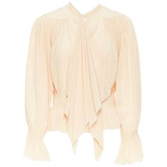 CHLOE beige nude crepe de chine silk blouse pleat smock tie-neck boho FR34 XS