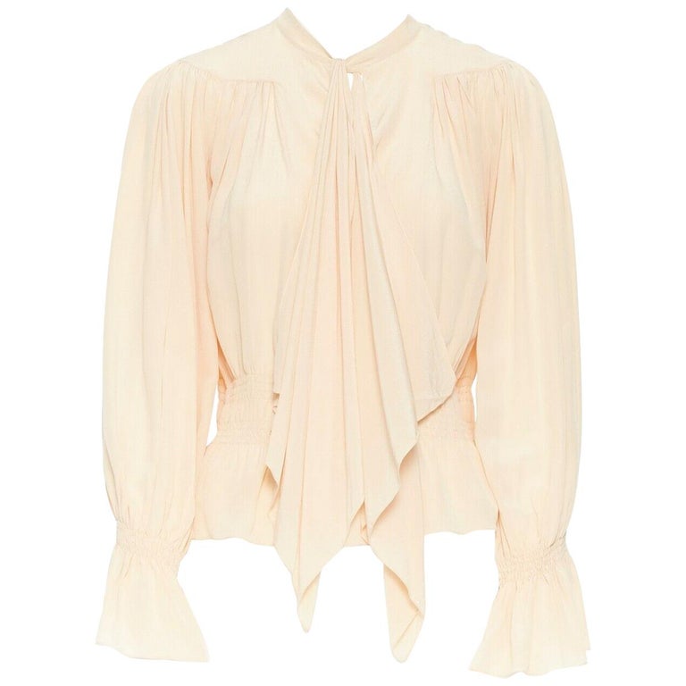CHLOE beige nude crepe de chine silk blouse pleat smock tie-neck boho FR34  XS at 1stDibs