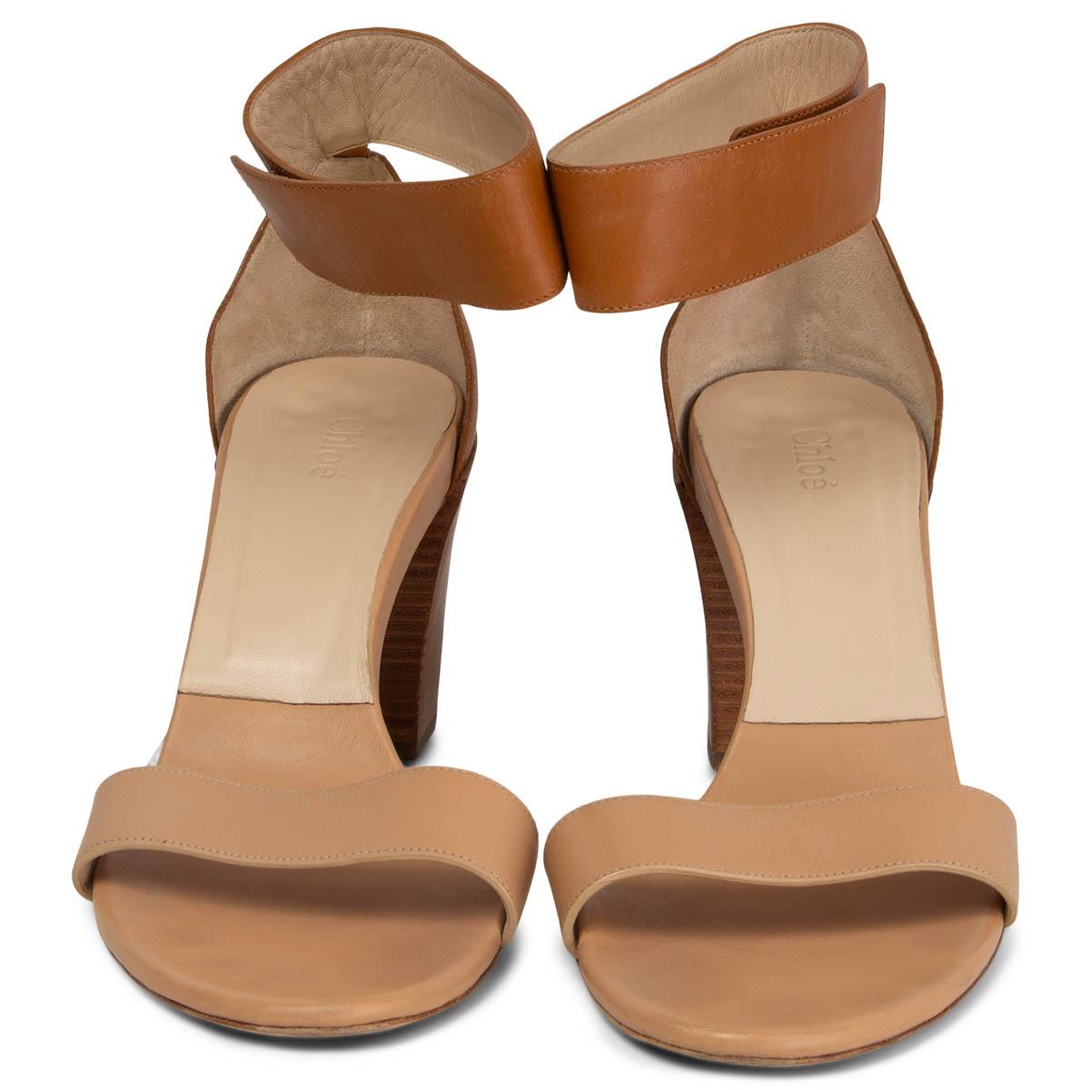 100% authentic Chloé open-toe ankle-strap sandals in camel and nude leather. Opens with a velcro ankle strap. Have been worn and are in excellent condition. 

Measurements
Imprinted Size	42
Shoe Size	42
Inside Sole	27.5cm (10.7in)
Width	8.5cm
