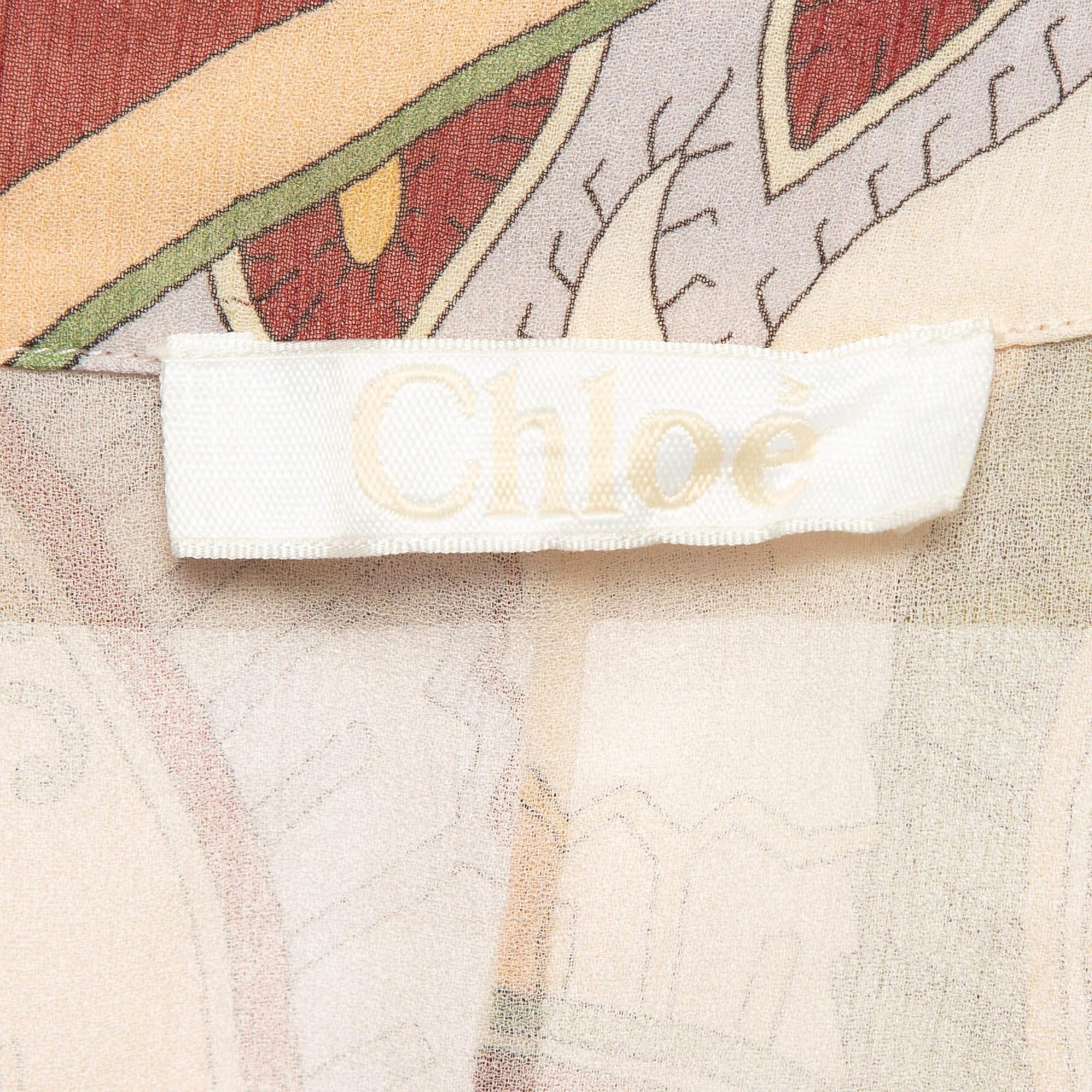 Women's Chloe Beige Paisley Print Chiffon Silk Shirt L For Sale