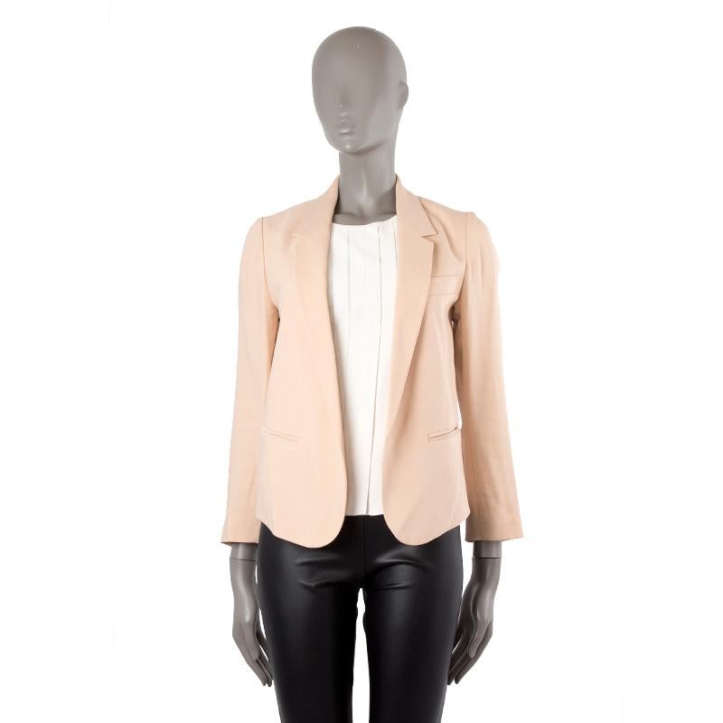 authentic Chloe 7/8-Sleeve open blazer in beige ramie (59%), viscose (38%), and elastane (3%). With narrow notch collar, one chest pocket, two front welt pockets, cuff slits, and longer front. Lined in nude acetate (70%) and silk (30%). Has been