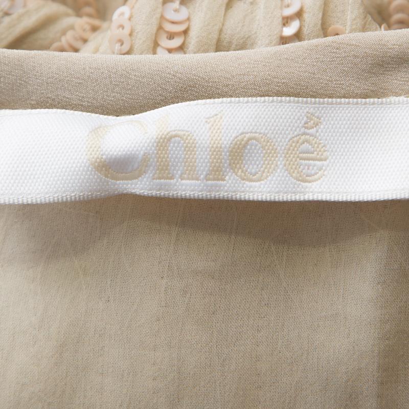 Chloe Beige Sequin Embellished Silk Sleeveless Shift Dress M In New Condition In Dubai, Al Qouz 2