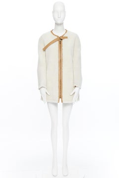CHLOE beige shearling fur tan leather lined zip front long line winter coat FR34