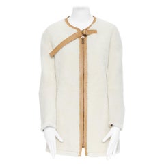 CHLOE beige shearling fur tan leather lined zip front long line winter coat FR34