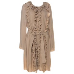 Chloe Beige Silk Blend Belted Front Ruffle Full Sleeve Pleated Long Dress L