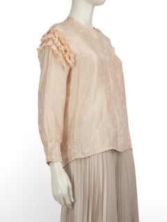 Chloé Beige Silk Logo Jacquard Ruffle Trim Blouse Size XS