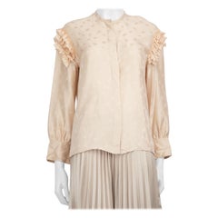 Chloé Beige Silk Logo Jacquard Ruffle Trim Blouse Size XS