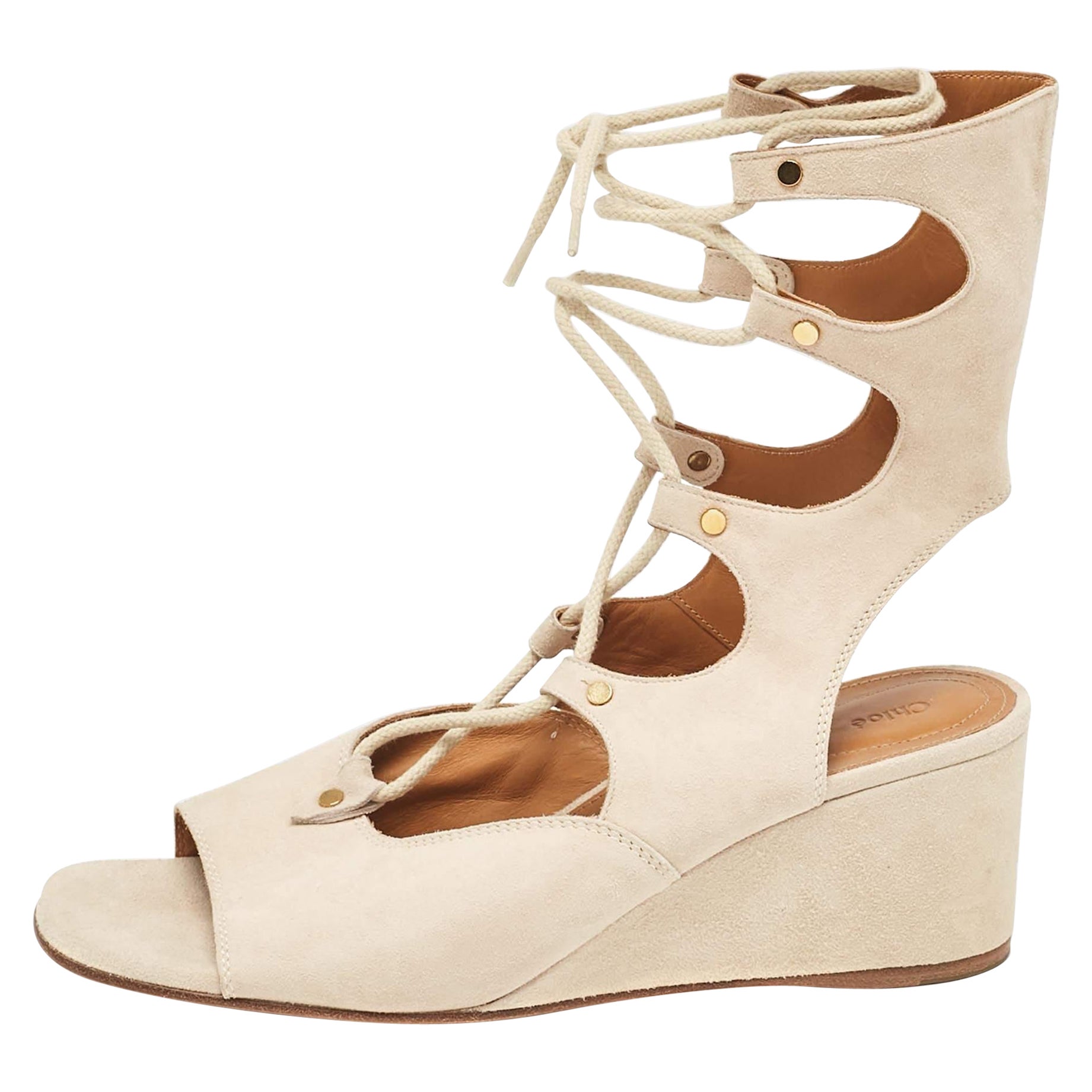 Chloe Beige Suede Lace Up Wedge Sandals Size 40