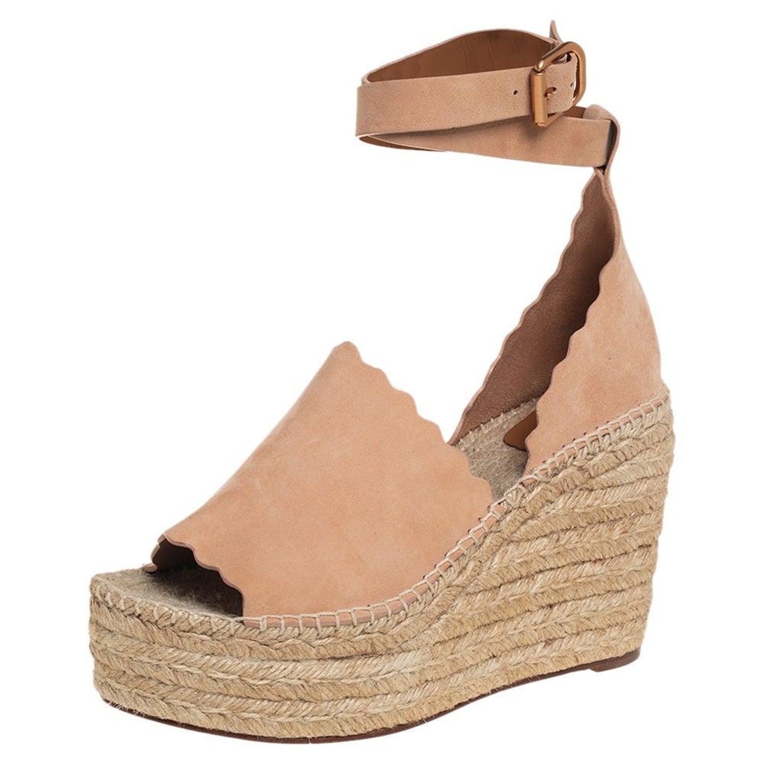 Chloe Beige Suede Scalloped Espadrille Wedge Platform Sandals Size 41 at  1stDibs