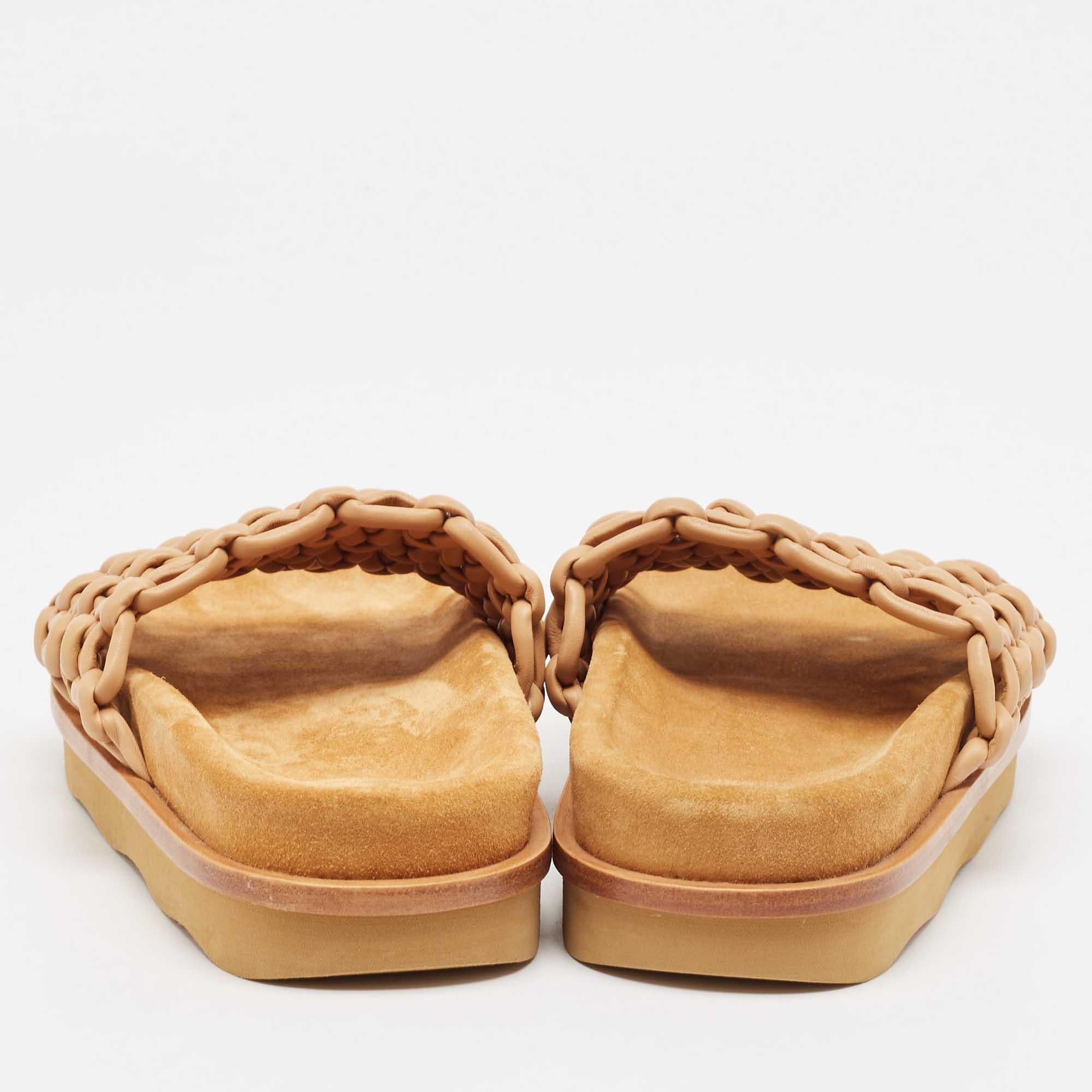 Chloe Beige Woven Leather Kacey Flat Slides Size 37 For Sale 1
