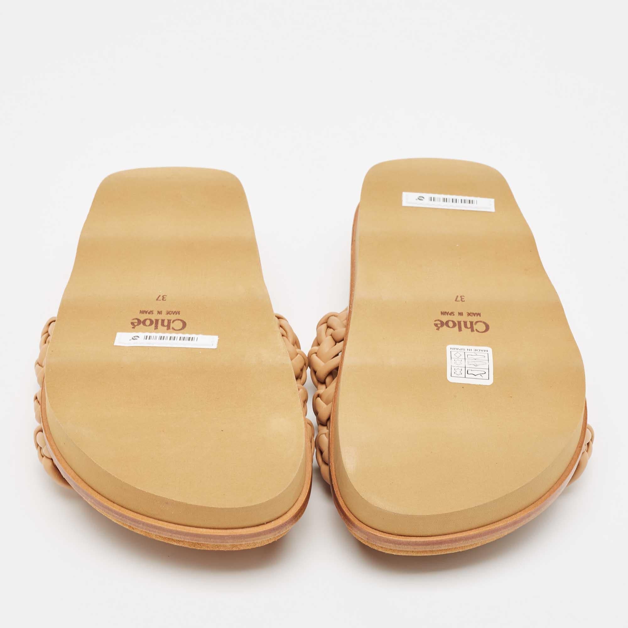 Chloe Beige Woven Leather Kacey Flat Slides Size 37 For Sale 2