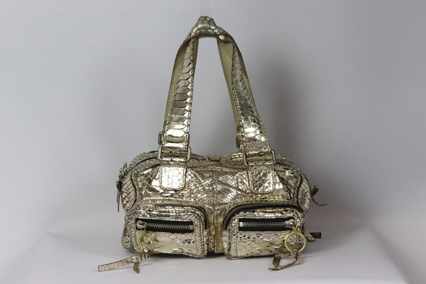 Chloé Betty metallic python and leather shoulder bag. Gold. Zip fastening at top. Does not come with dustbag or box. Height: 6.9 in. Width: 11.5 in. Dept: 6.7 in. Strap Drop: 9 in. Good Condition - Marks at base and interior material. General signs