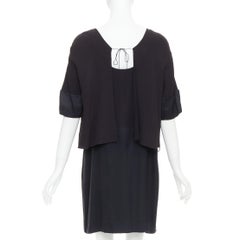 CHLOE black 100% silk crepe satin contrast cape back dress FR42 XL