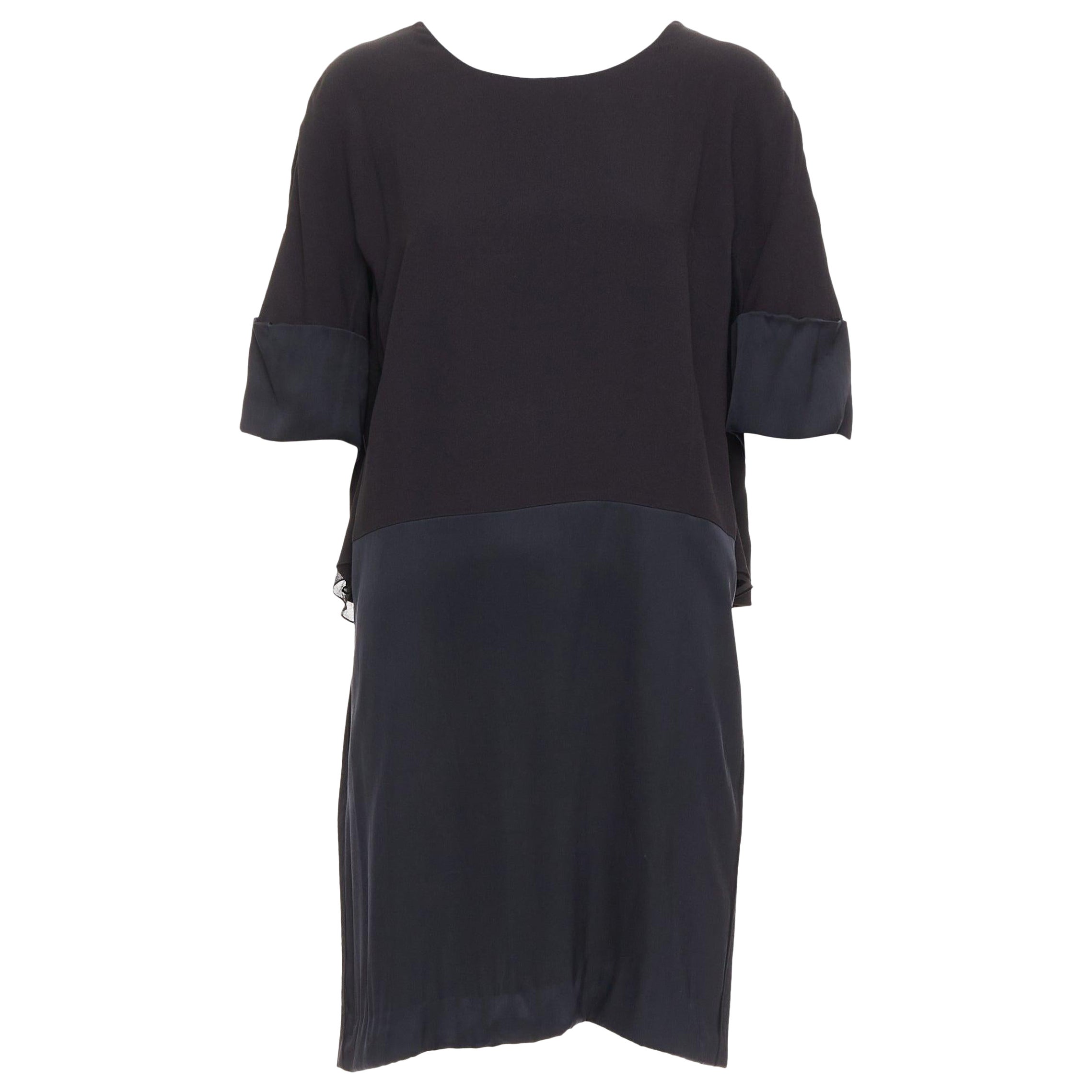 CHLOE black 100% silk crepe satin contrast cape back dress FR42 XL