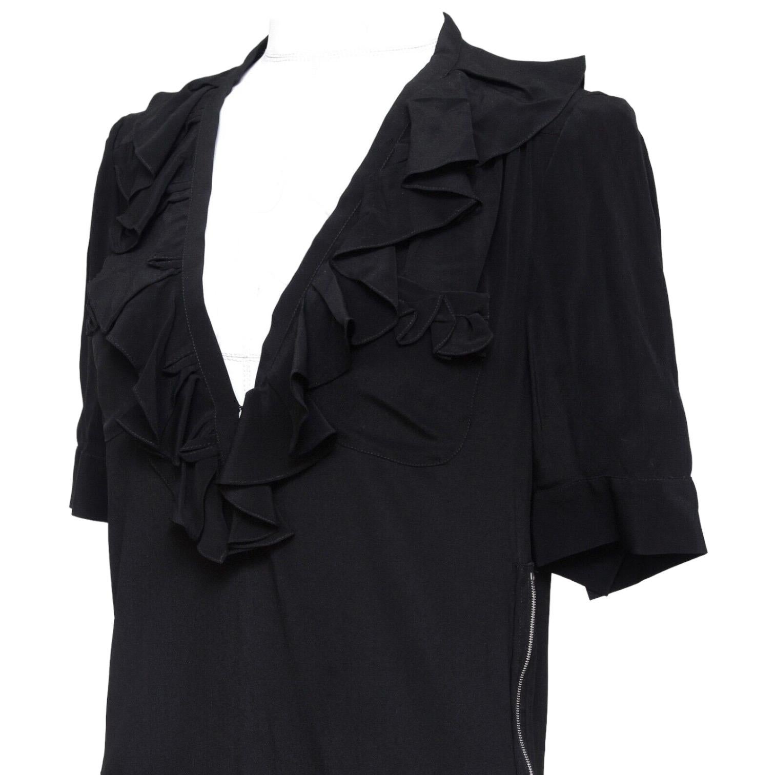 Women's CHLOE Short Sleeve Black Blouse Top Shirt Silk Acetate Ruffles Sz 34 For Sale