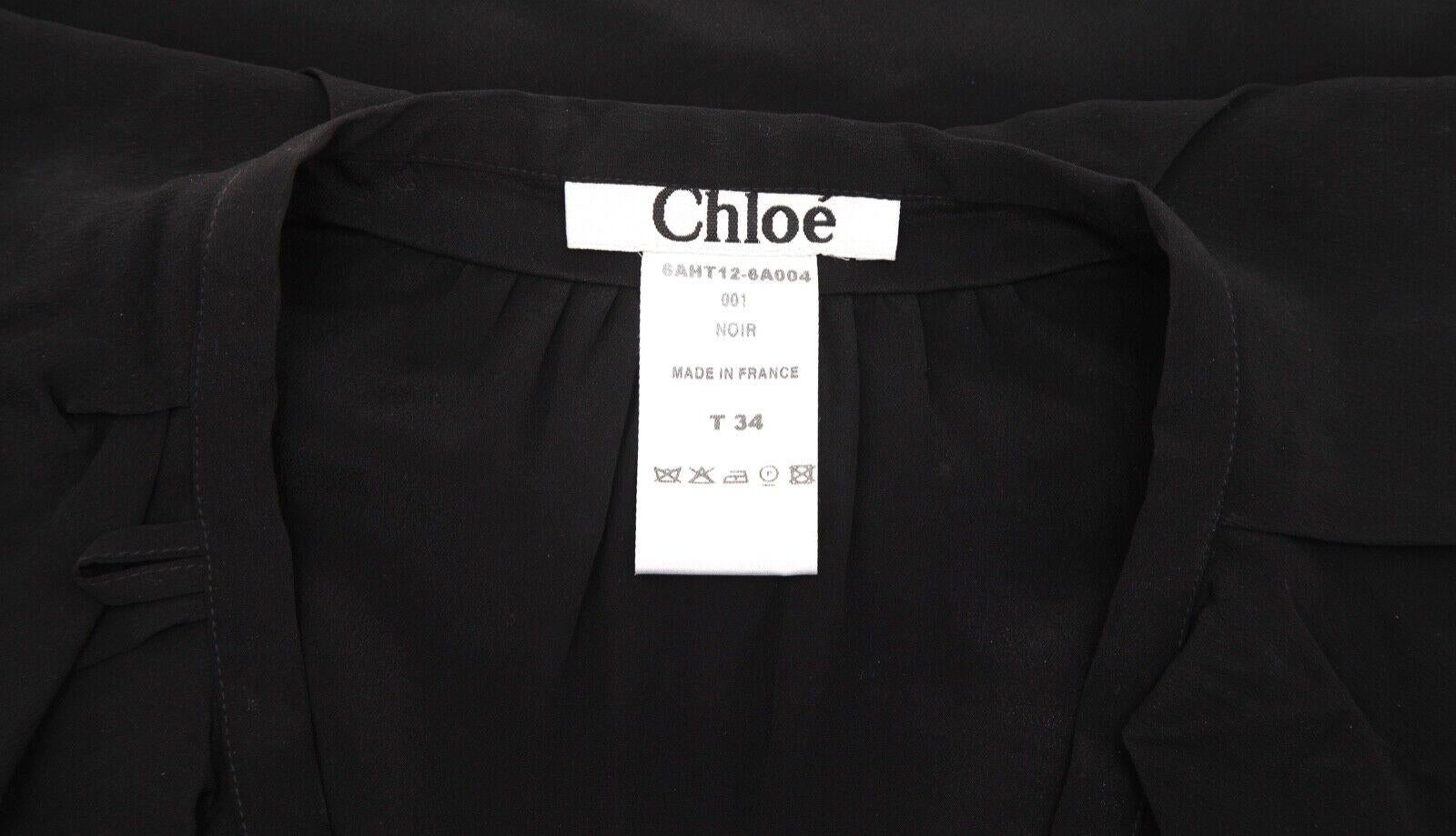 CHLOE Blusa Negra Manga Corta Camisa Seda Acetato Volantes Sz 34 en venta 3