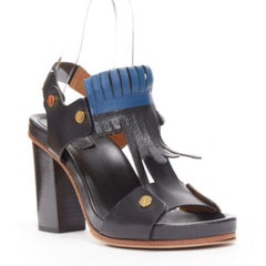 CHLOE black blue fringe detail gold nail grommet block heel sandal EU37
