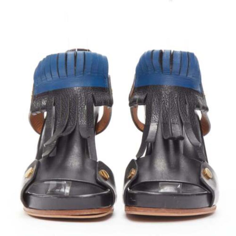 Gray CHLOE black blue fringe detail gold nail grommet block heel sandal EU37 For Sale