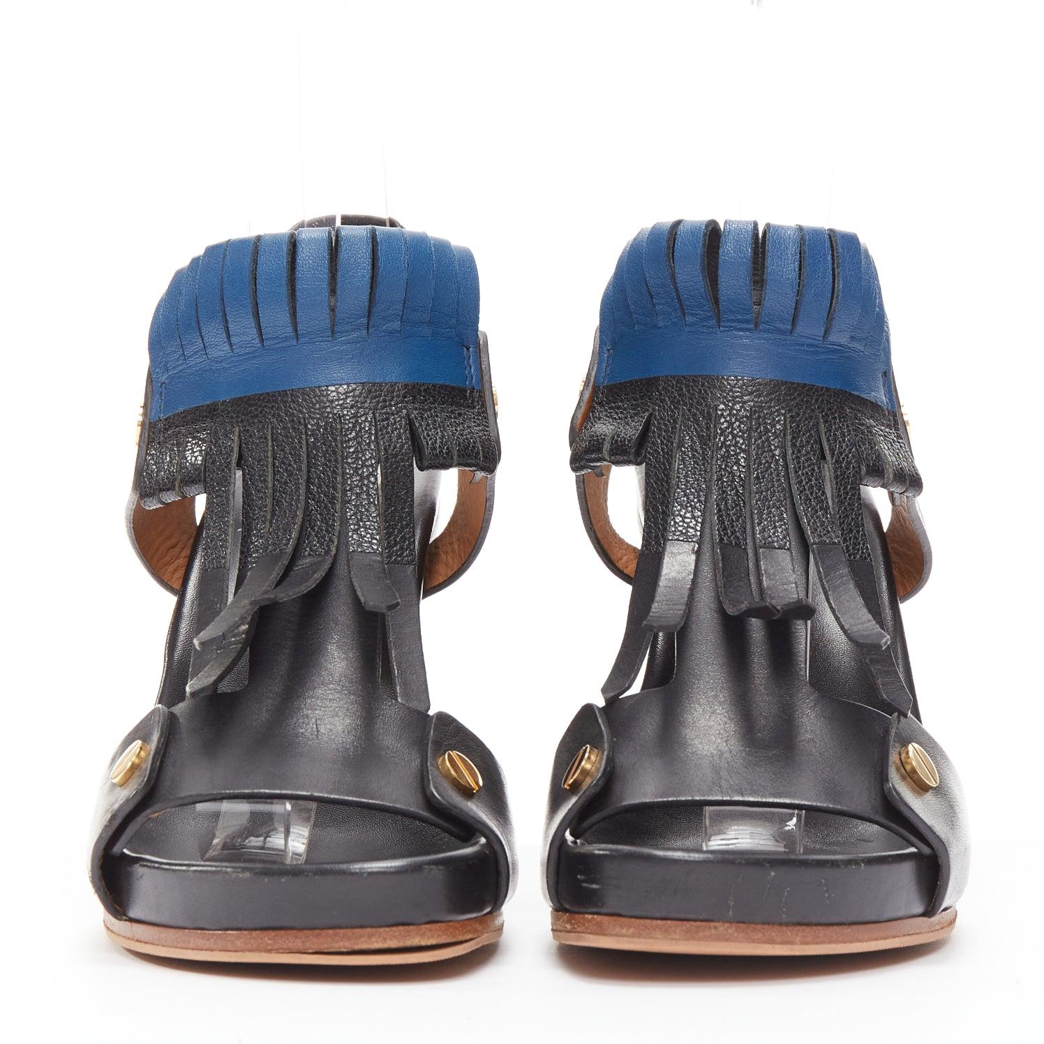 CHLOE black blue fringe detail gold nail grommet block heel sandal EU37 In Good Condition For Sale In Hong Kong, NT