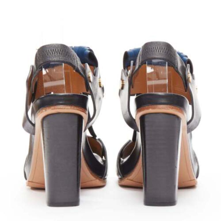Women's CHLOE black blue fringe detail gold nail grommet block heel sandal EU37 For Sale