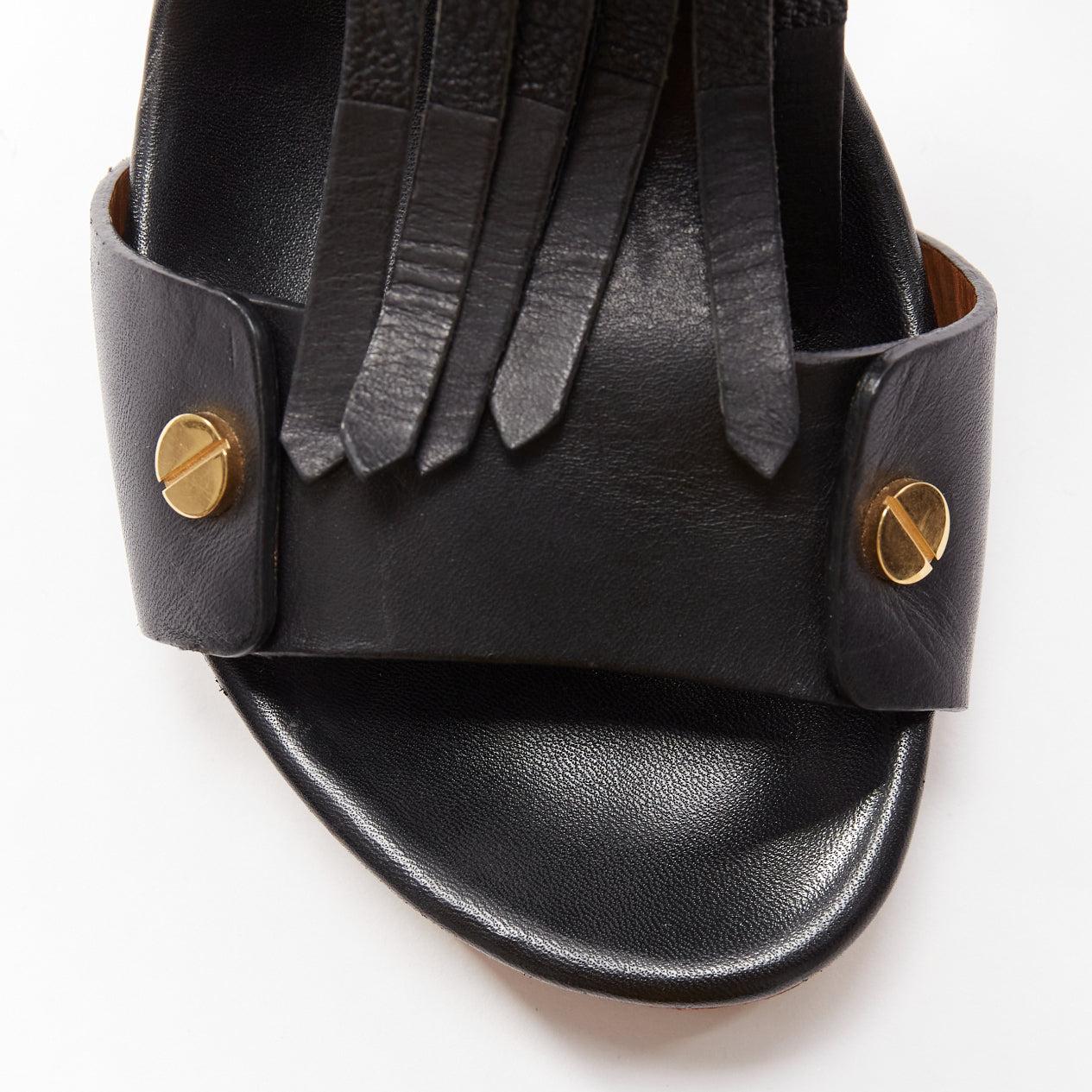 CHLOE black blue fringe detail gold nail grommet block heel sandal EU37 For Sale 2