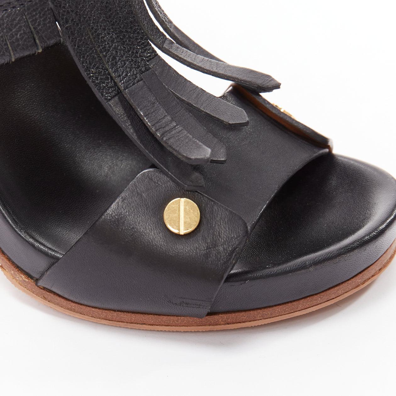 CHLOE black blue fringe detail gold nail grommet block heel sandal EU37 For Sale 3