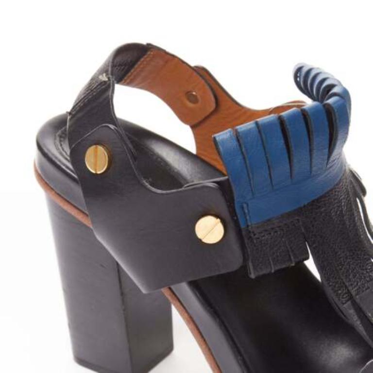 CHLOE black blue fringe detail gold nail grommet block heel sandal EU37 For Sale 3