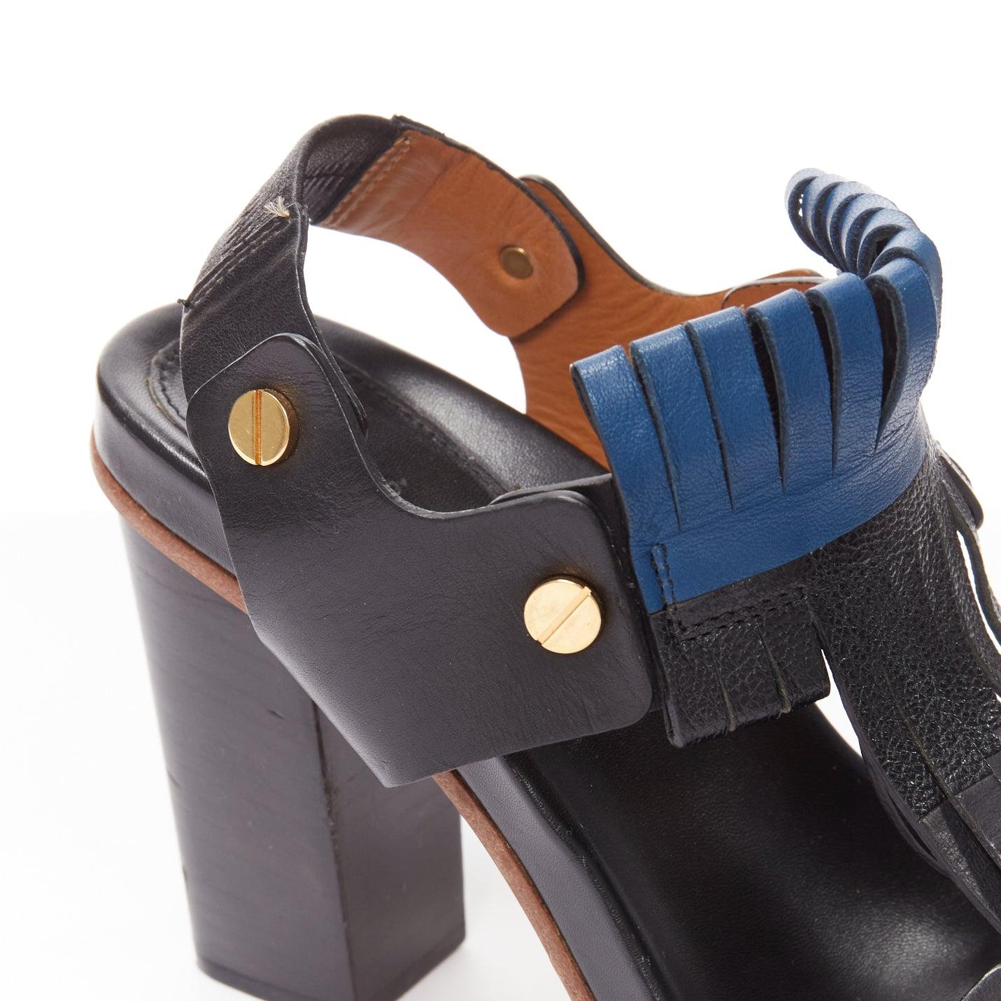 CHLOE black blue fringe detail gold nail grommet block heel sandal EU37 For Sale 4