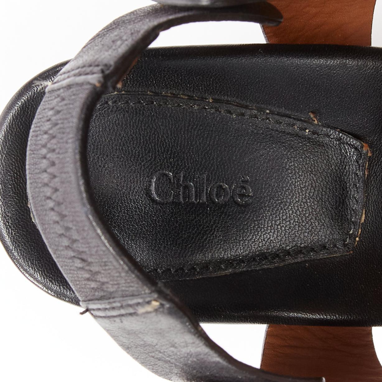 CHLOE black blue fringe detail gold nail grommet block heel sandal EU37 For Sale 5