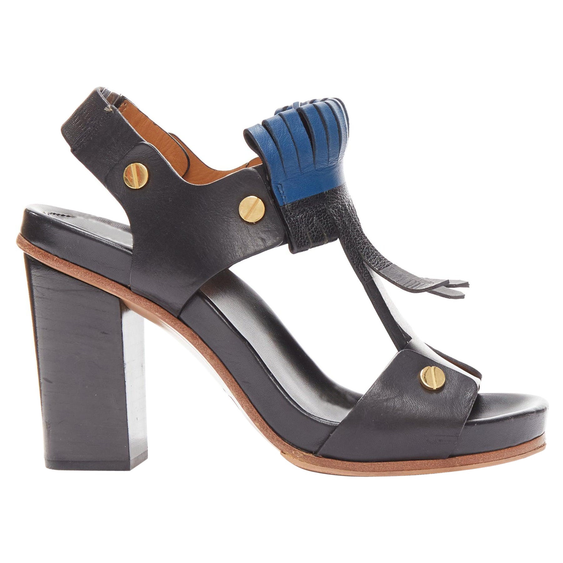 CHLOE black blue fringe detail gold nail grommet block heel sandal EU37