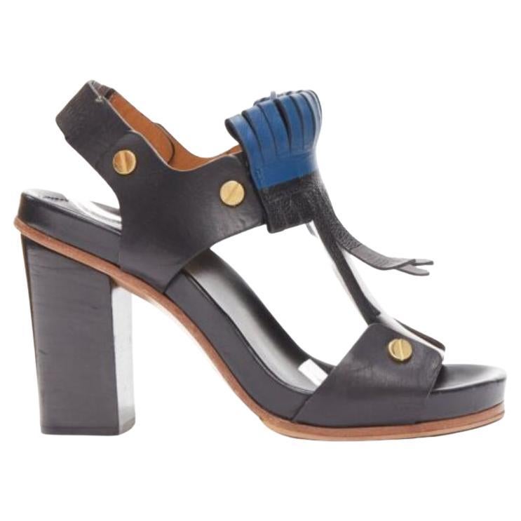CHLOE black blue fringe detail gold nail grommet block heel sandal EU37 For Sale