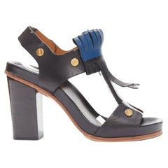 CHLOE black blue fringe detail gold nail grommet block heel sandal EU37