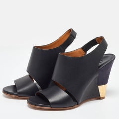 Chloe Black/Blue Suede and Leather Eliza Wedge Slingback Sandals Size 36