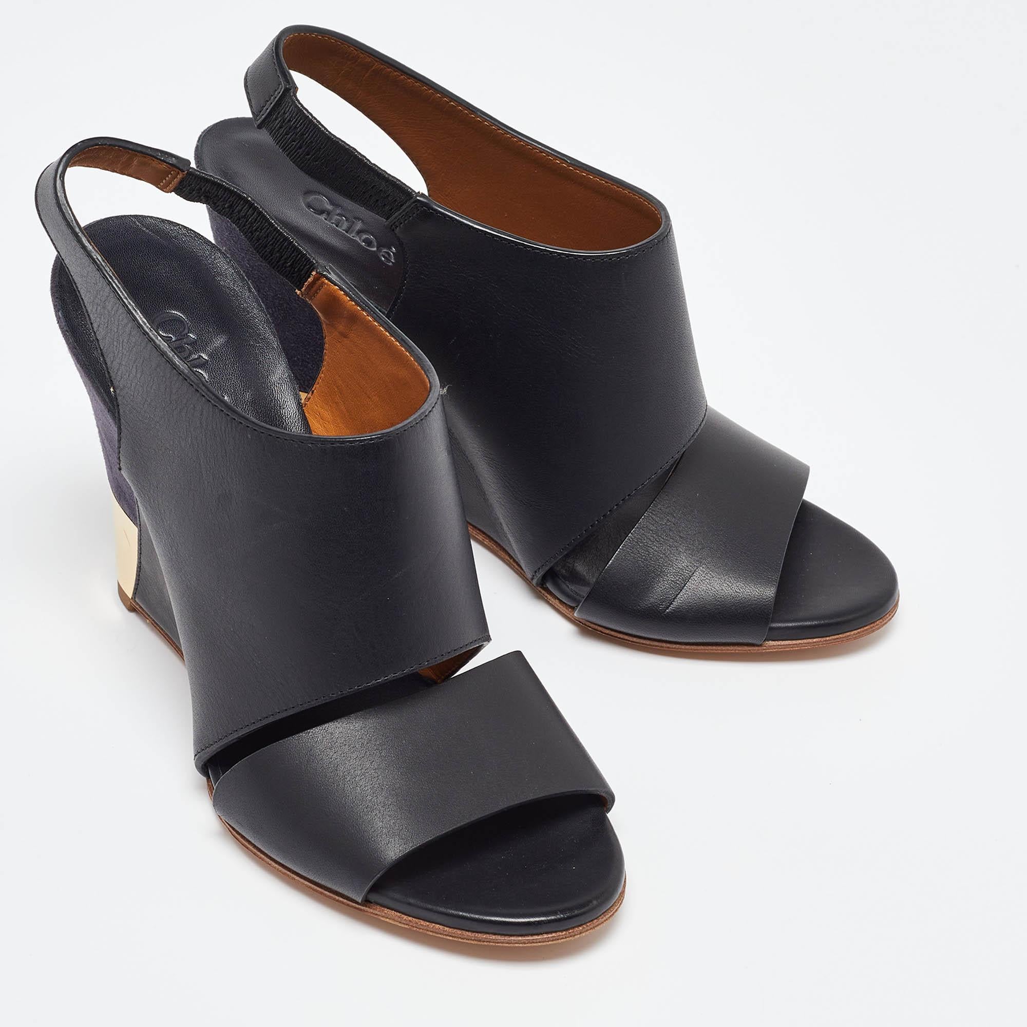 Women's Chloe Black/Blue Suede and Leather Eliza Wedge Slingback Sandals Size 36 For Sale