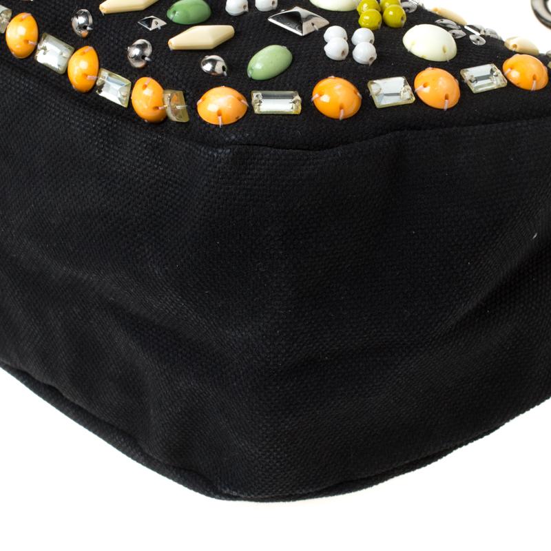 Chloe Black Canvas and Leather Beads Embellished Hobo For Sale 3