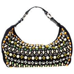 Chloe Black Canvas and Leather Beads Embellished Hobo