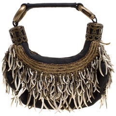 Chloe Black Canvas Embellished Crescent Hobo