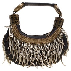 Chloe Black Canvas Embellished Crescent Hobo