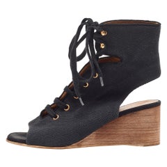 Chloe Black Canvas Lace Up Open Toe Block Heel Ankle Wedge Booties Size 38