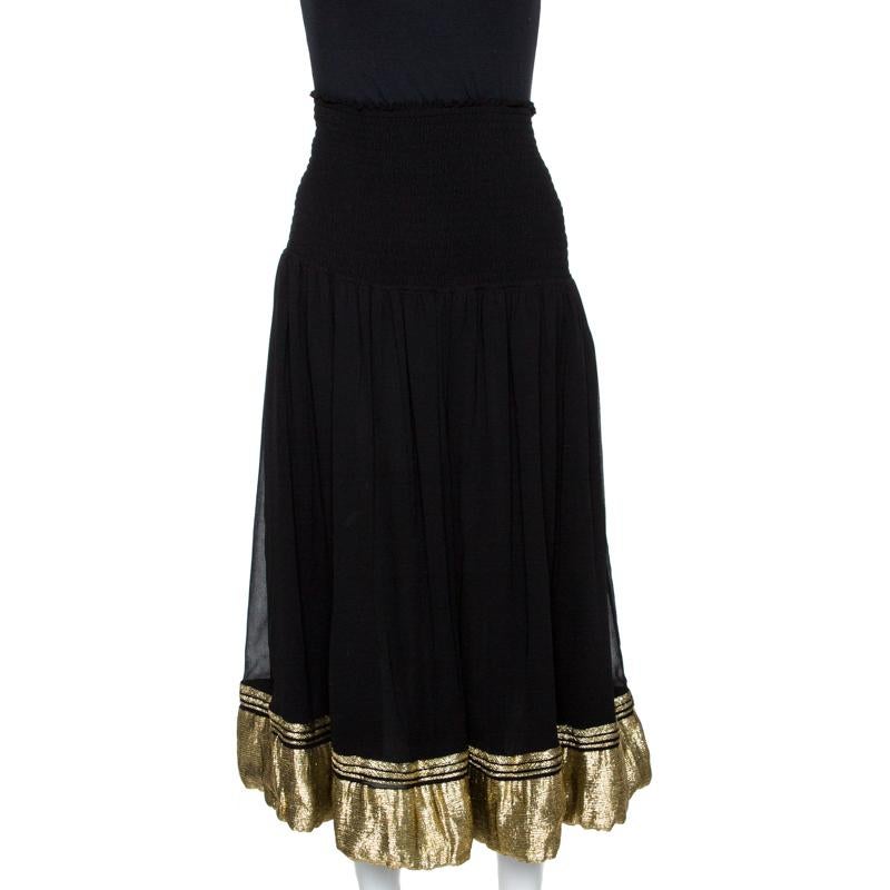 Nero Chloé - Gonna midi in crepe de chine di seta nera con vita smockata L
