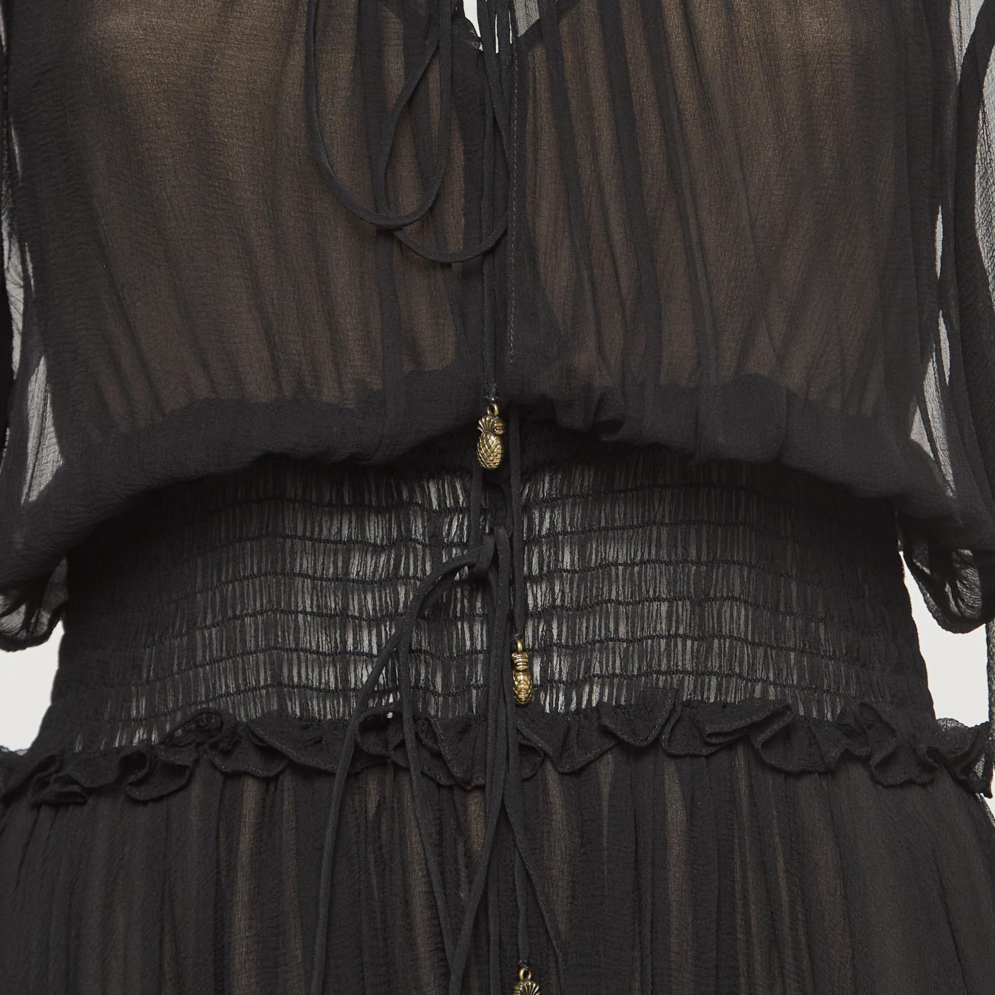 Chloe Black Crinkle Silk Tie-Up Detail Ruffled Midi Dress S In Excellent Condition For Sale In Dubai, Al Qouz 2