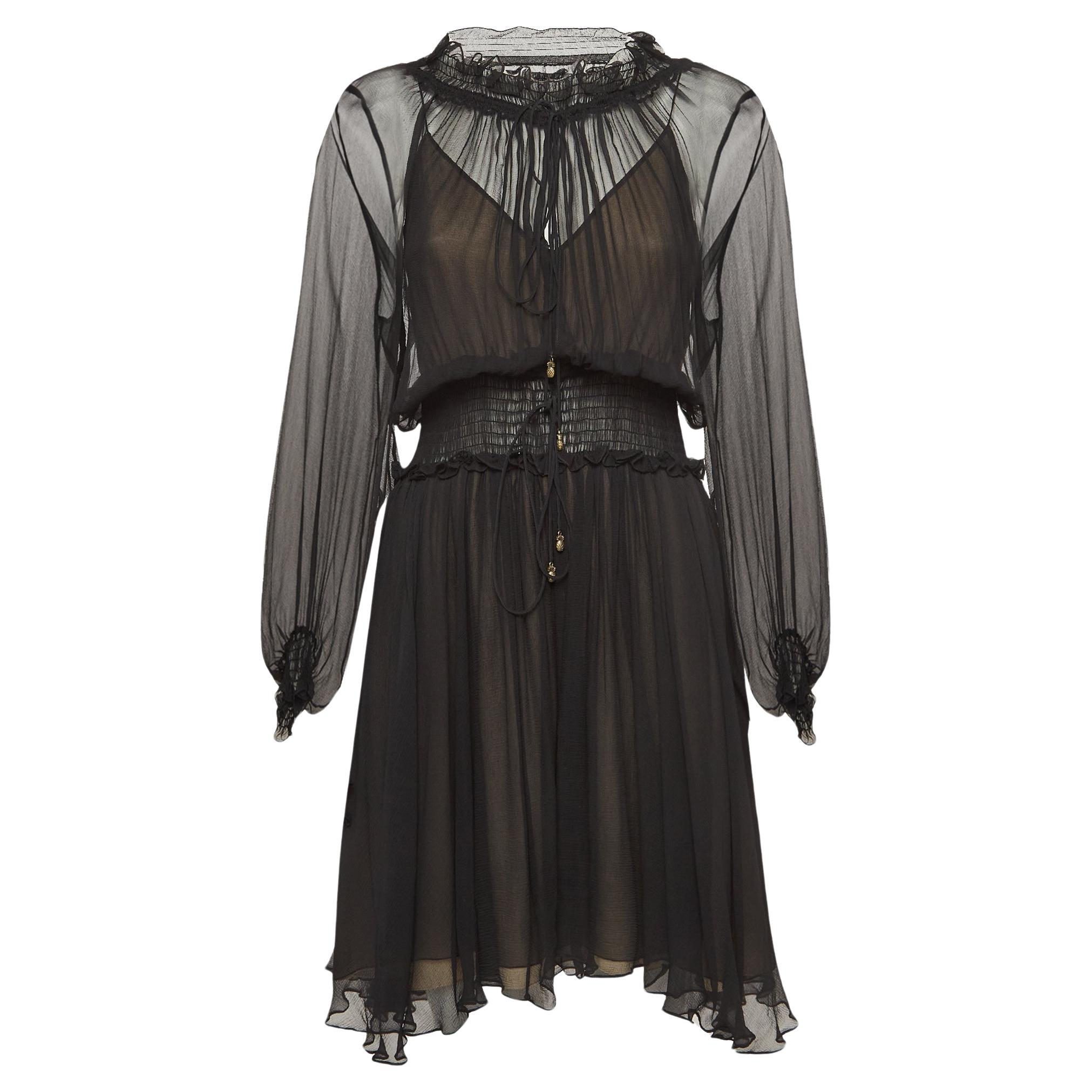 Chloe Black Crinkle Silk Tie-Up Detail Ruffled Midi Dress S For Sale