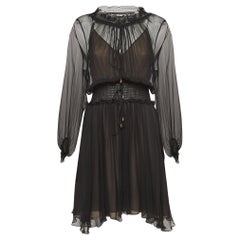 Chloe Black Crinkle Silk Tie-Up Detail Ruffled Midi Dress S
