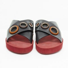CHLOE black cross strap leather trimmed large grommet red rubber slides EU37